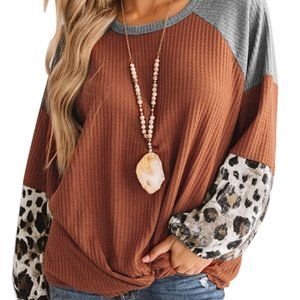 WAFFLE KNIT LEOPARD LONG SLEEVE BLOUSE TWIST KNOT